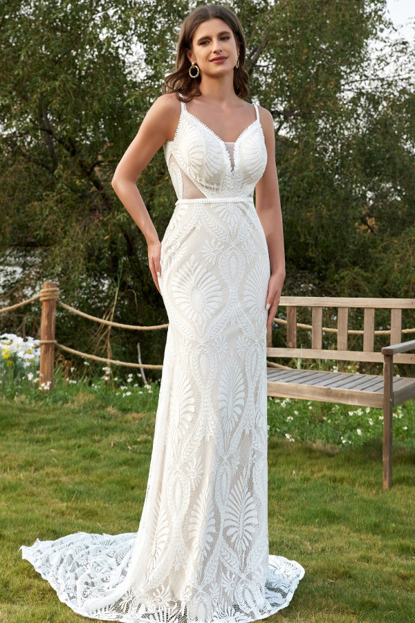 Gorgeous Mermaid V Neck Spaghetti Straps Sleeveless Fully Lace Bohemian Wedding Dress V Back Open Back Floor Length Court Train Bridal Gown