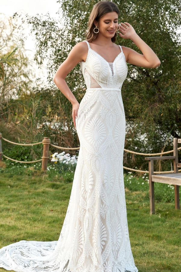 Gorgeous Mermaid V Neck Spaghetti Straps Sleeveless Fully Lace Bohemian Wedding Dress V Back Open Back Floor Length Court Train Bridal Gown