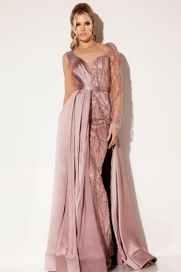 Elegant & Glamours Dusty Pink Sheath V Neck Long Sleeves Back Zipper Formal Prom Dresses Dress Tulle Sequins Beaded Evening Party Dress Wedding Guest Gown