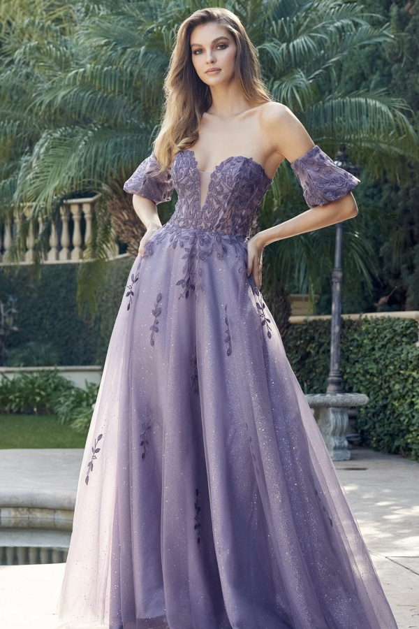 A-Line Off Shoulder Short Lantern Sleeves Appliques Prom Dresses Party Dress Glitter Tulle Formal Evening Dress Wedding Guest Gown