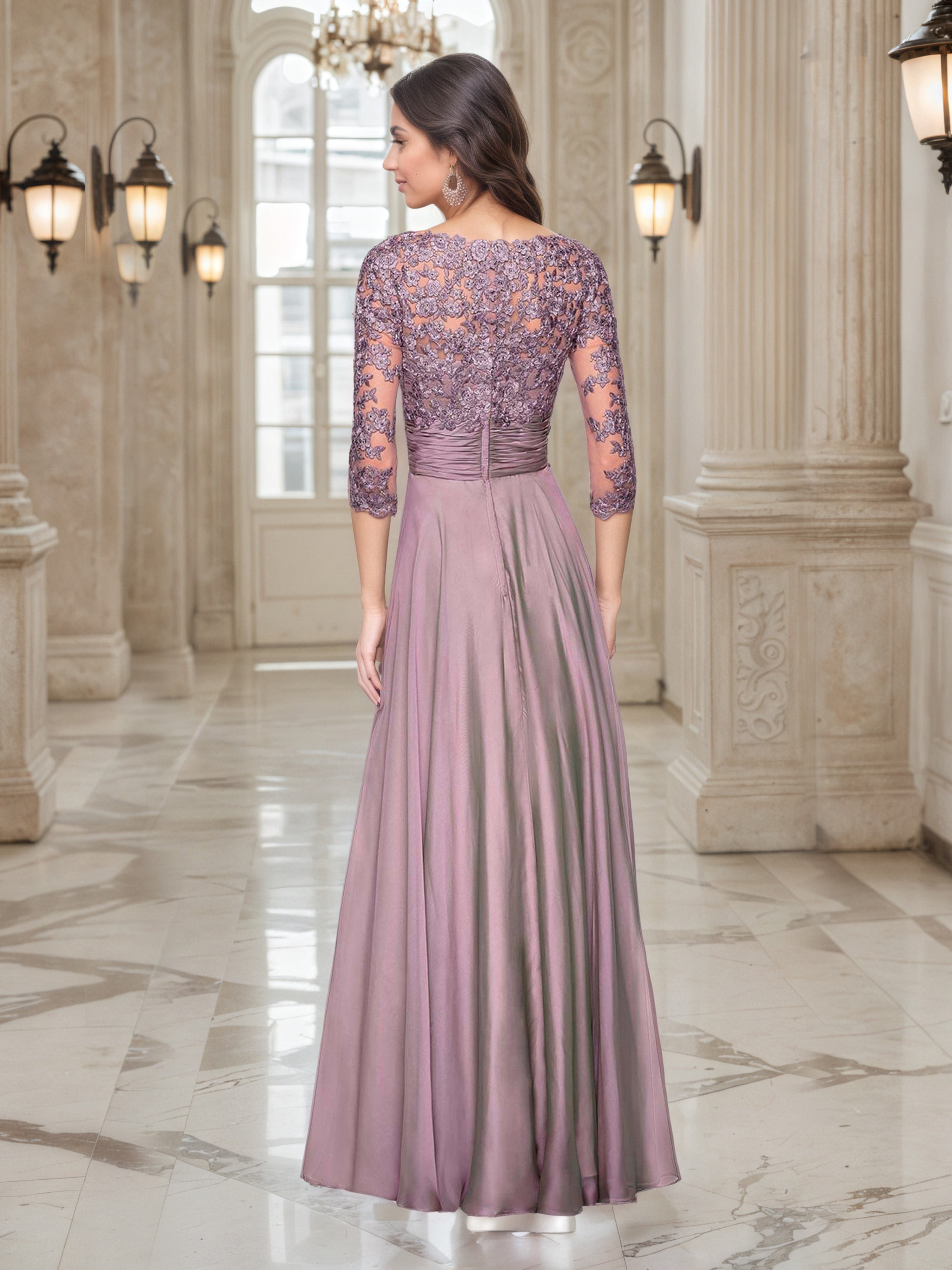 Wisteria A-Line Mother of the Bride Dress with 3/4 Lace Sleeves and a V-Neckline
