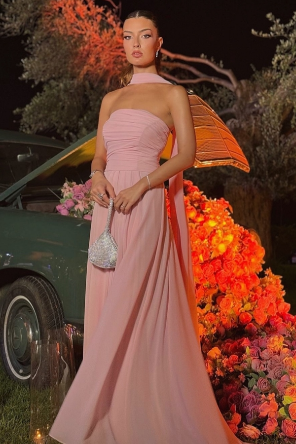 Elegant & Gorgeous A-Line Strapless Sleeveless Party Prom Dresses Gown Chiffon Floor Length Evening Formal Dress Wedding Guest Dress