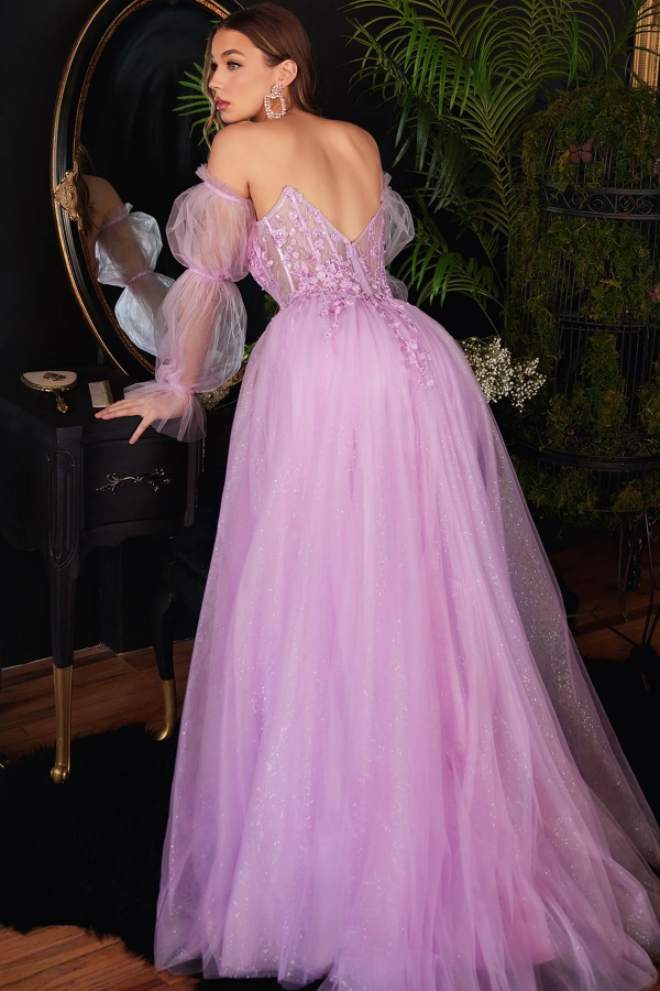 Modern A-Line Strapless Detachable Lantern Sleeves Appliques Beaded Prom Dresses Party Dress Glitter Tulle Back Zipper High Side Slit Formal Cocktail Dress Evening Gown Wedding Guest Dress