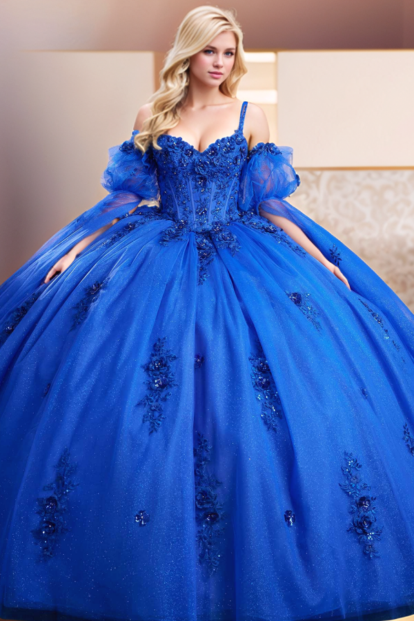 Elegant & Gorgeous Sweetheart Neck Spaghetti Straps Detachable Half Sleeves Beaded Appliques Tiered Royal Blue Tulle Quinceanera Dress Evening Party Dress for Sweet 16