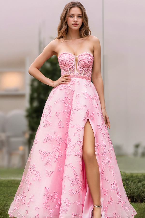 Luxury A-Line Strapless Sleeveless Fully 3D Butterfly Appliques Beaded Formal Prom Dresses Dress High Side Slit Lace Up Evening Party Dress Cocktail Dress