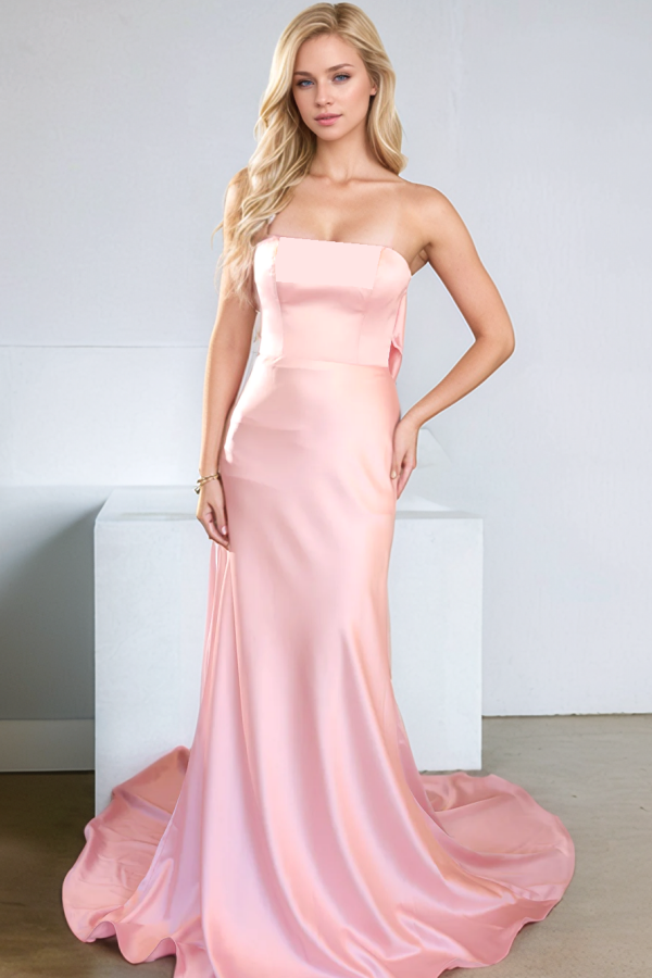 Gorgeous Mermaid Strapless Sleeveless Open Back Beaded Baby Pink Prom Dresses Party Dress Evening Dress with Train