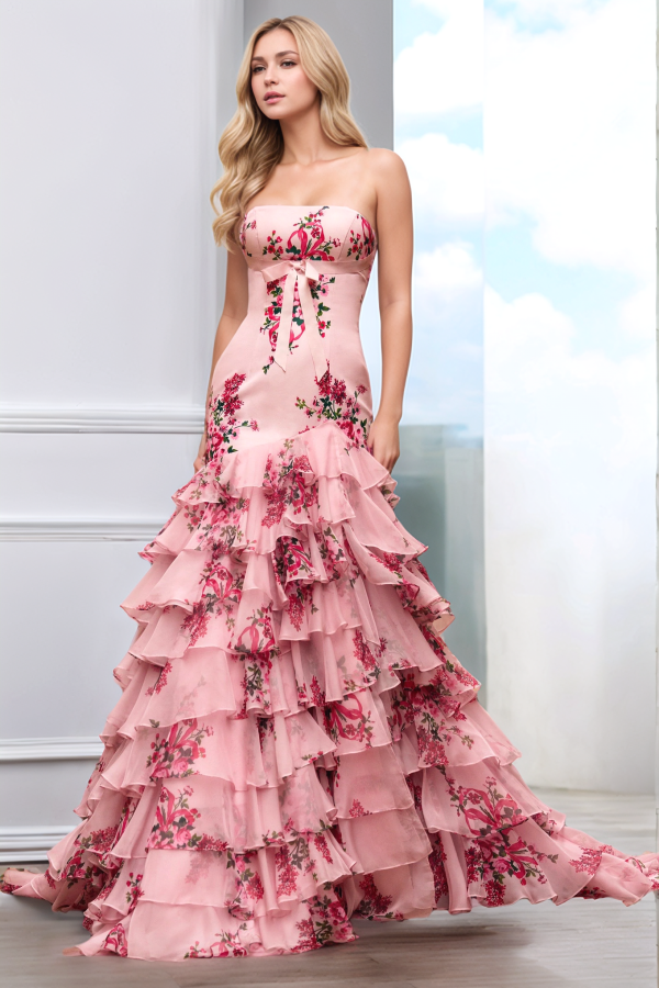 Elegant & Modern Mermaid Strapless Sleeveless Bow Knot Floral Tiered Floor Length Prom Dresses Dress Formal Evening Gown