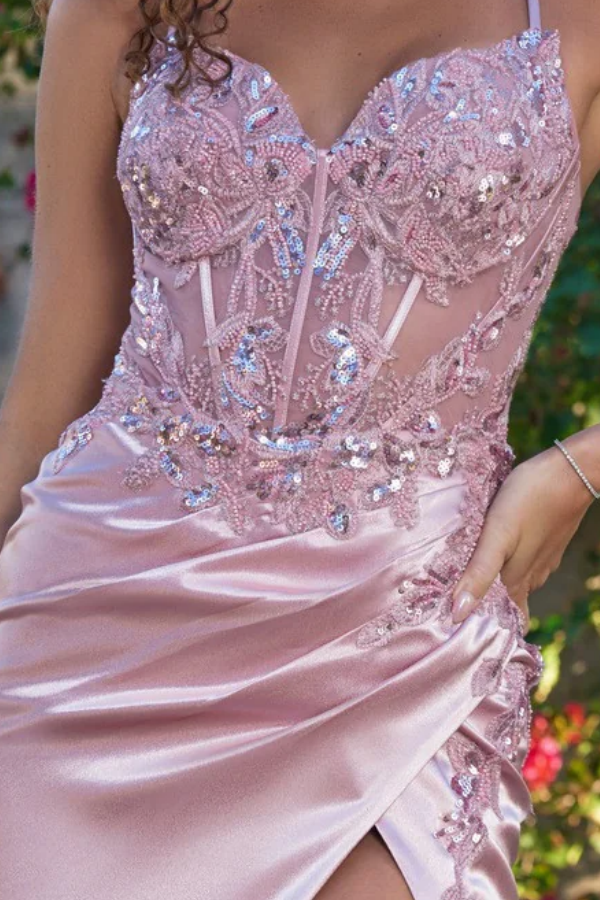 Sheath Sweetheart Neck Spaghetti Straps Sleeveless Pleated Sequins Appliques Prom Dresses Dress High Side Slit and Train Lace Up Evening Party Gown