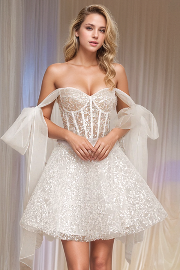 Gorgeous A-Line Off Shoulder Sleeveless Lace Up Fully Sequins Appliques Knee Length Mini Wedding Gown Beach Bride Dress