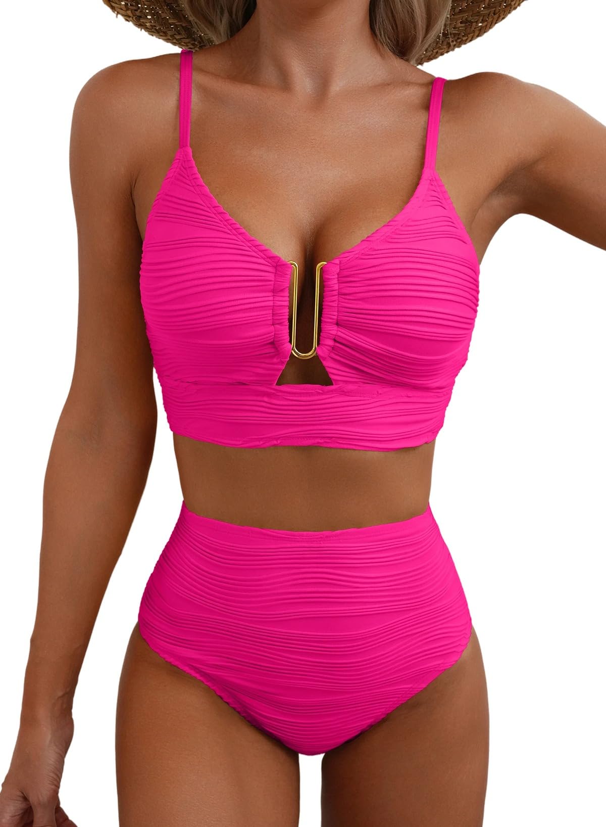 Ocevara Ocevara High-Waisted Tummy Control Bikini Set Textured U-Wire Cutout Swimwear - image 38