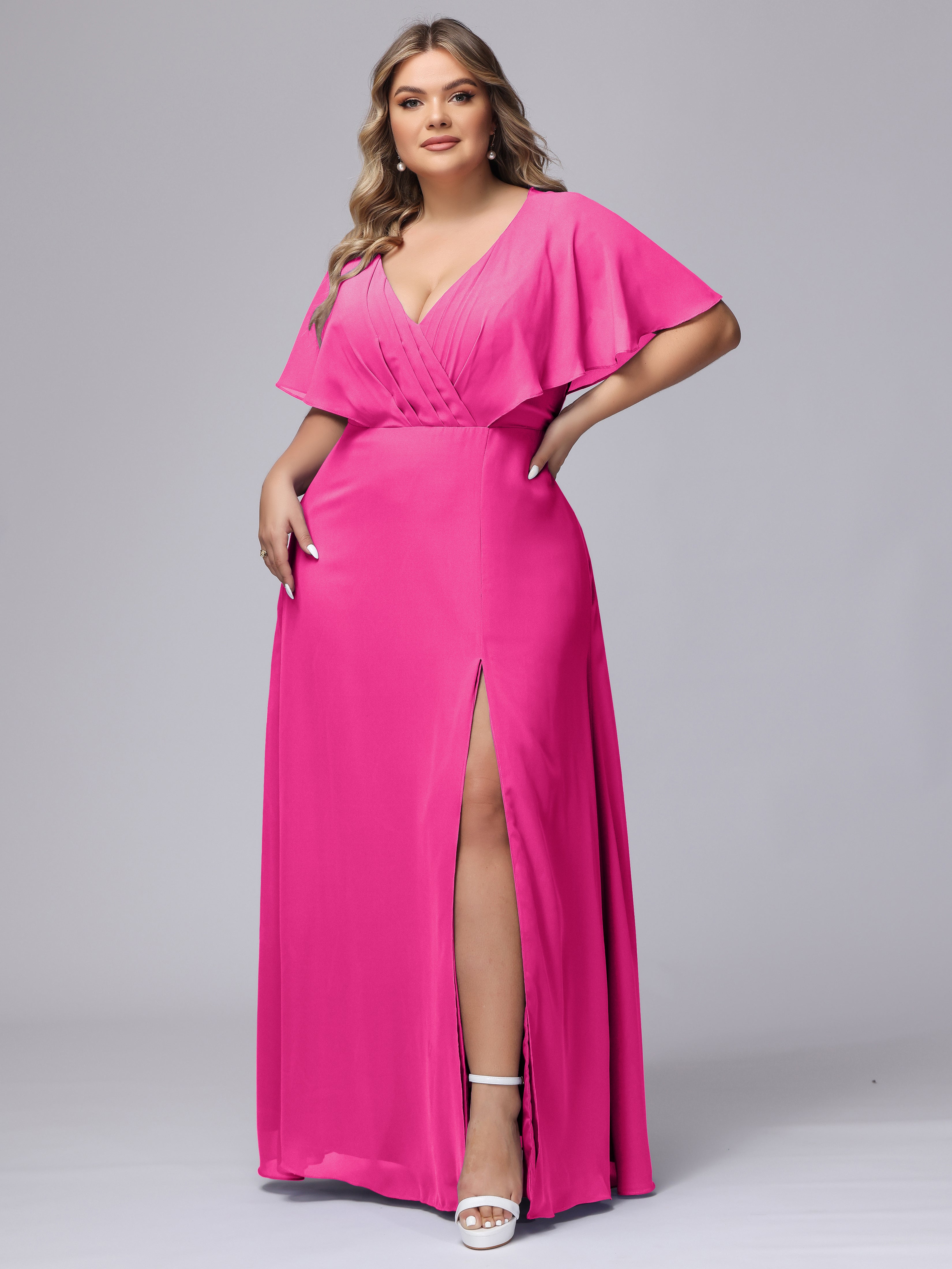 V-Neck Chiffon Short Sleeves Plus Size Bridesmaid Dresses