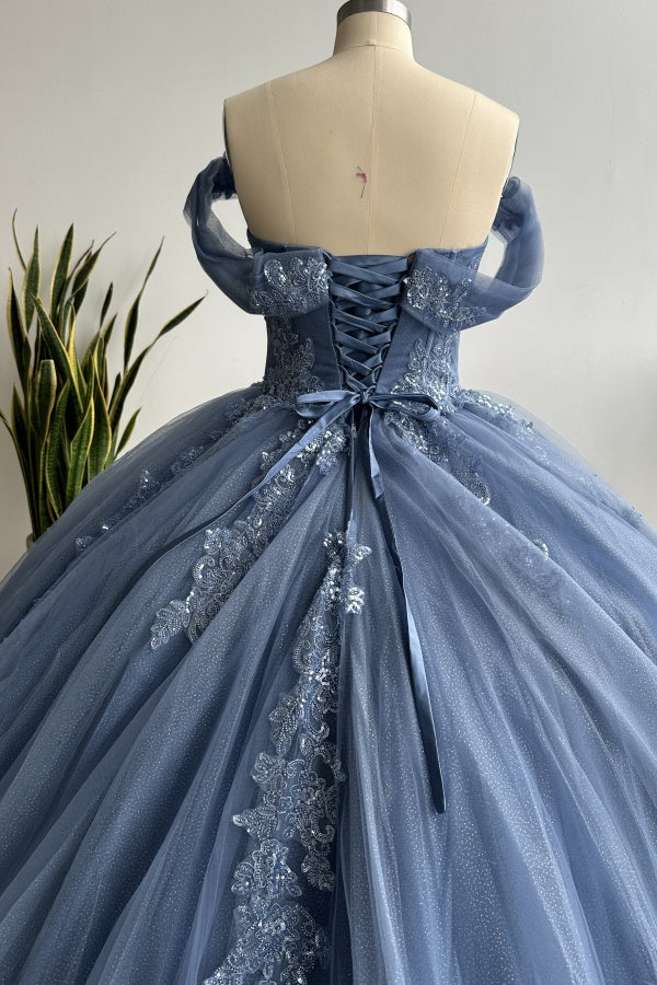Elegant & Glamorous Ball Gown Off Shoulder Pleated Appliques Lace Up Navy Blue Tulle Quinceanera Dress Birthday Party Gown for Sweet 16