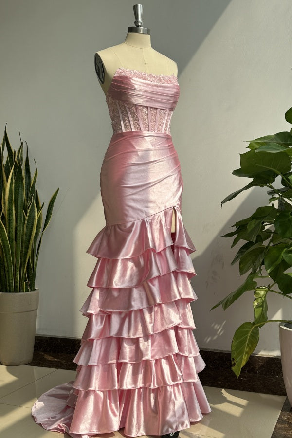 Chic & Modern Sheath Strapless Sleeveless Pleated Appliques Satin Tiered High Side Slit and Train Floor Length Party Dress Prom Dresses Dress Eveing Gown