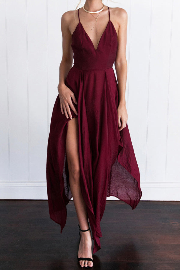 Burgundy Asymmetrical A Line Deep V Neck Sleeveless Backless Side Slit Evening/Prom Dress P76 - Ombreprom
