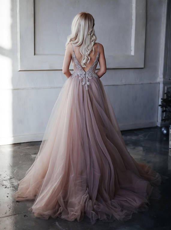 Chic A-line Prom Dresses Spaghetti Straps Long Prom Dresses