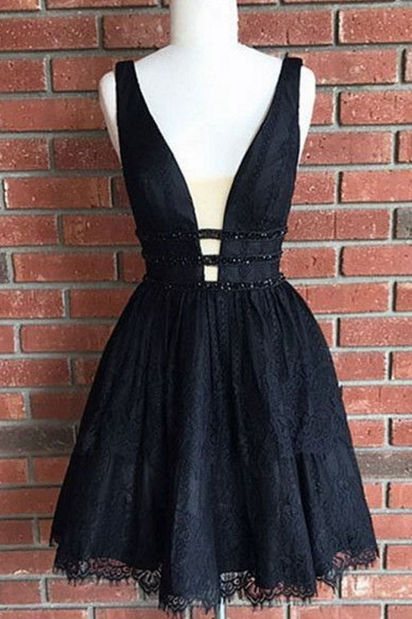 Sexy Deep V Neck Homecoming Dresses, Sleeveless Beaded Lace Up Short Prom Dress HCD75 - Ombreprom