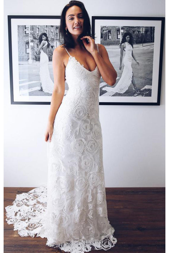 Chic Spaghetti Straps V Neck Lace Wedding Dresses with Appliques