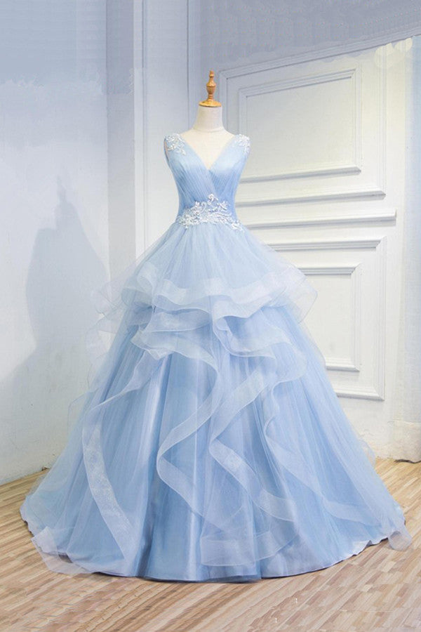 Sweetheart Baby Blue Organza V neck Wedding Gowns,Ruffles Appliques Wedding Dress