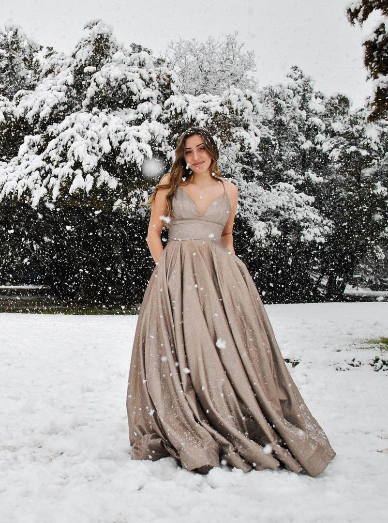 Shiny Sleeveless Chocolate A-line Spaghetti Straps Long Prom Dresses