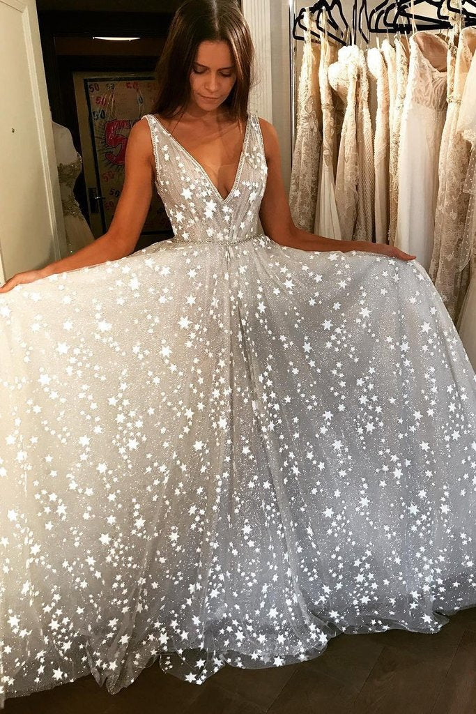 White V Neck Sleeveless Glitter Sparkly Long Floor Length Prom Dresses