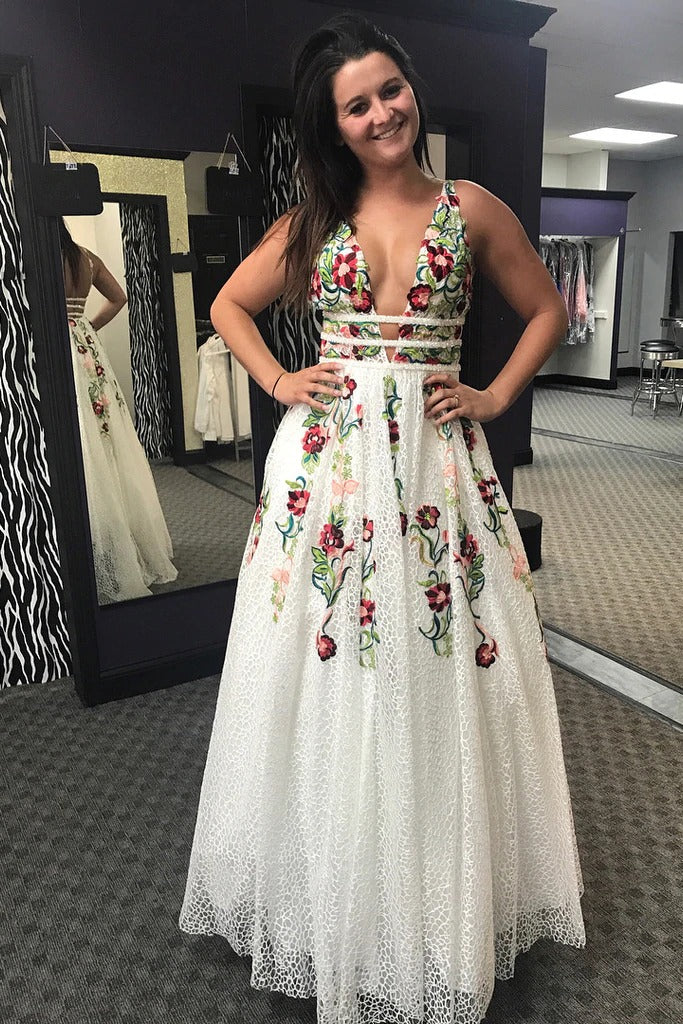Charming Floral Embroidery Long Prom Dress V Neck A Line Party Dress N1482