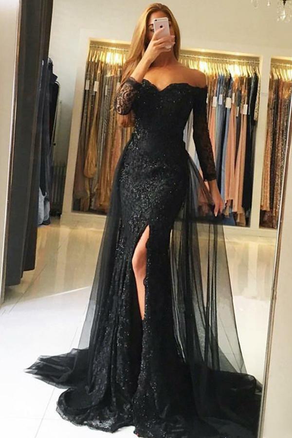 Black Tulle A-Line Off-the-Shoulder Long Sleeves Prom Dress with Lace Sequins P527 - Ombreprom