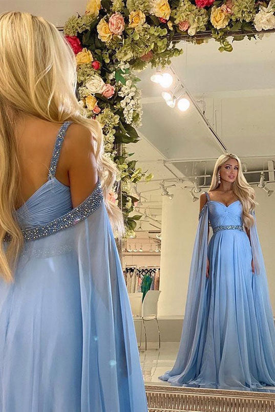 Blue A Line Beading Evening Dresses Chiffon Long Prom Dresses
