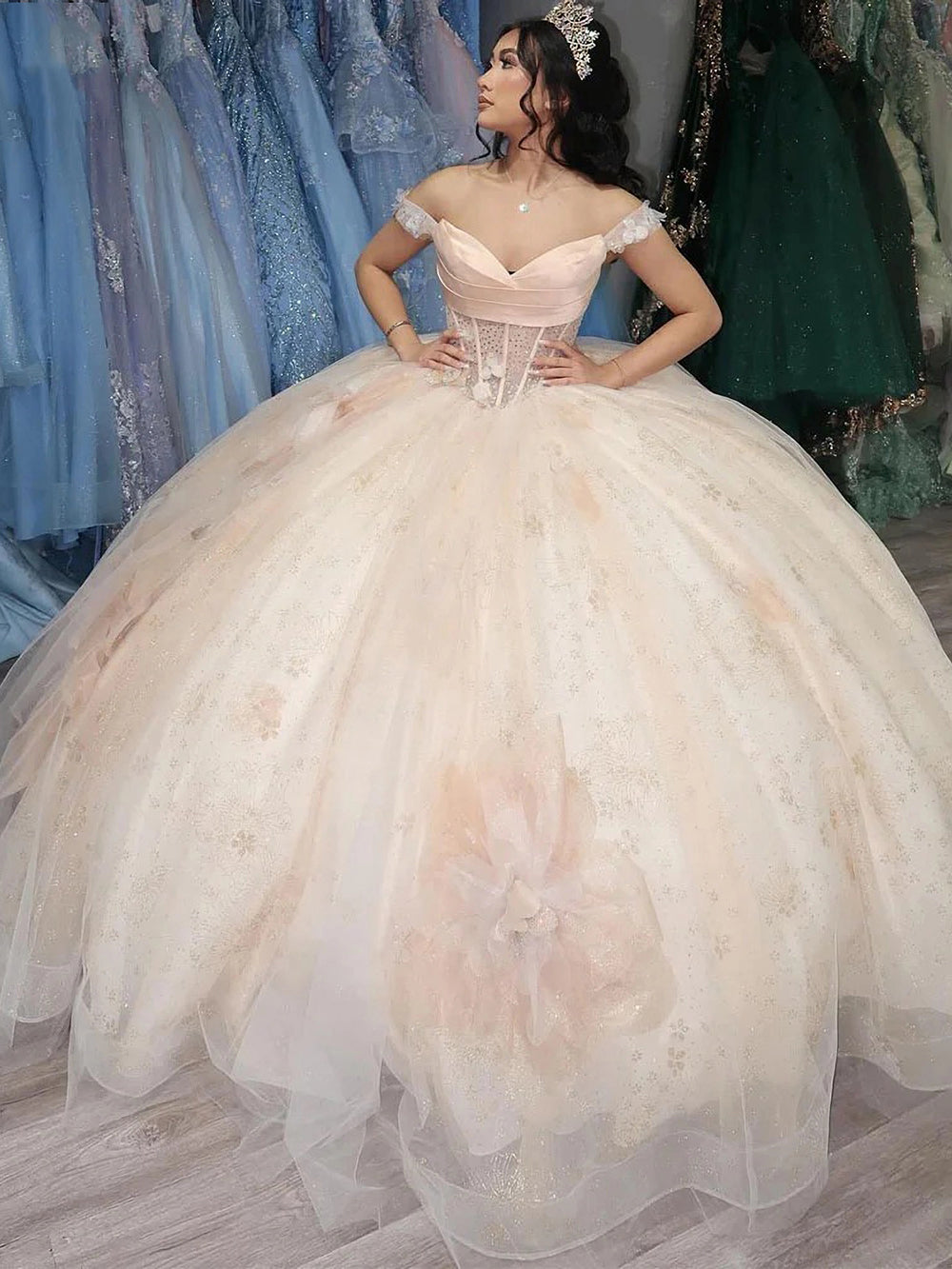 Gorgeous & Glamorous Ball Gown Off Shoulder Applique Flower Beaded Tulle Princess Birthday Party Gown Quinceanera Dress for Sweet 16