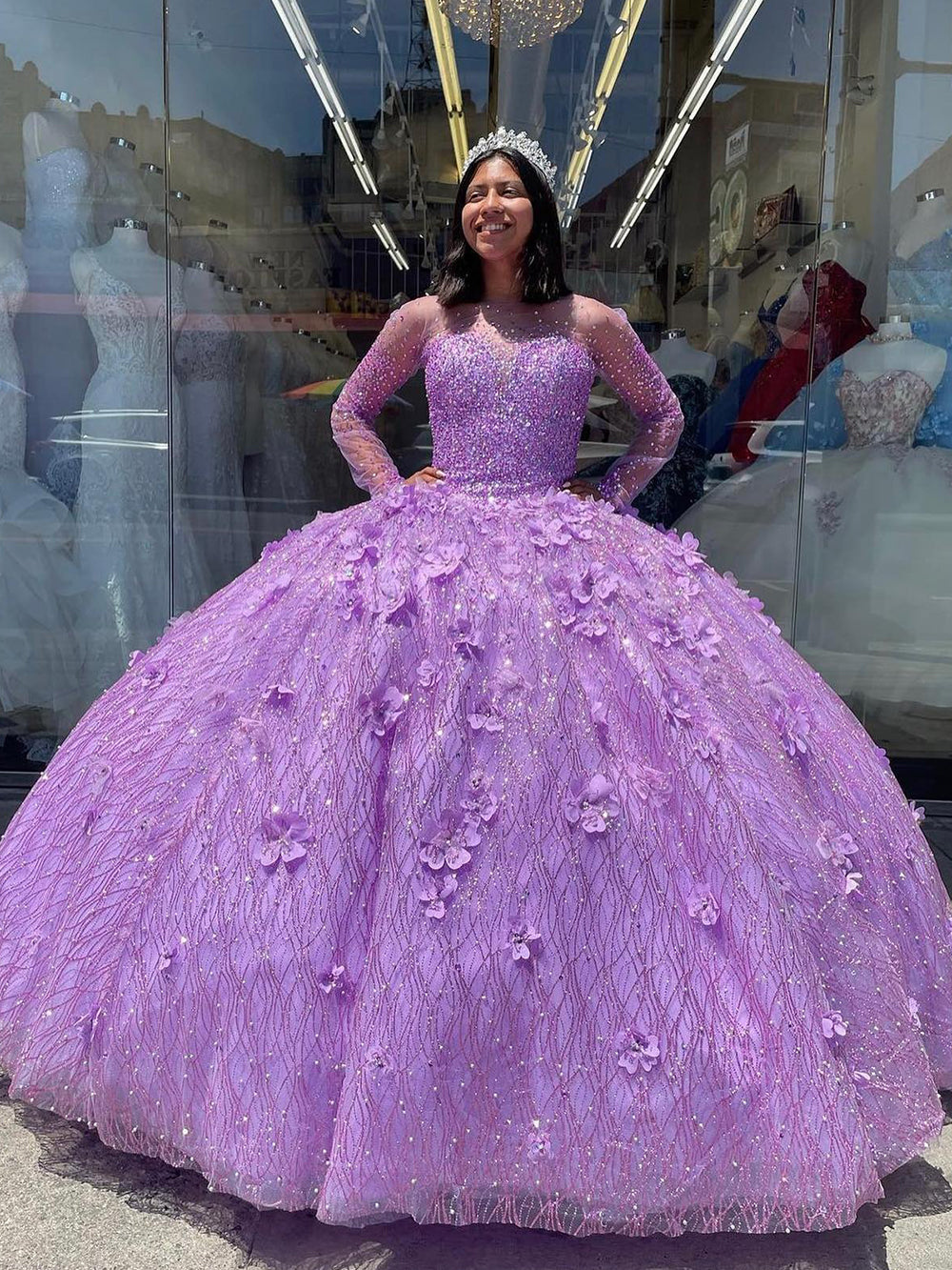 Ball Gown Sweetheart Neck Long Sleeves 3D Floral Appliques Lilac Tulle Princess Gown Quinceanera Dress for Sweet 16