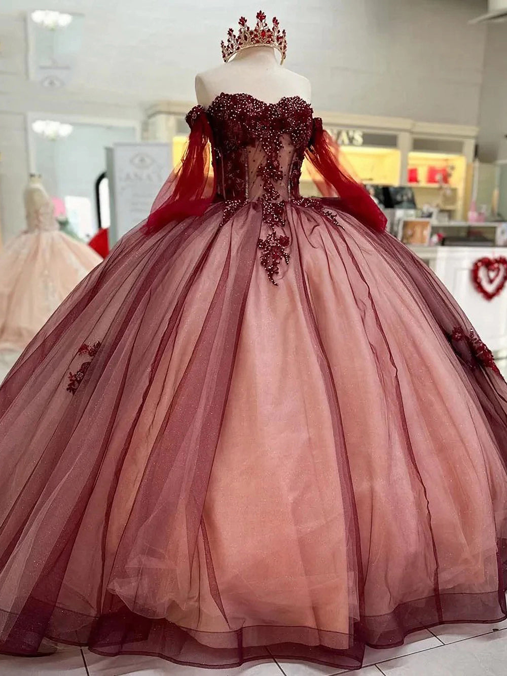 Ball Gown Off Shoulder Long Sleeves Beaded 3D Flower Lace Appliques Burgundy Tulle Princess Birthday Party Gown Quinceanera Dress for Sweet 16