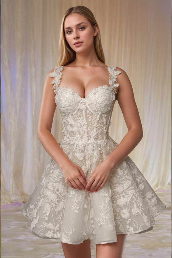 Chic & Modern A-Line Sweetheart Neck Straps Sleeveless 3D Flower Appliques Lace Up Knee Length Mini Wedding Dress Bride Gown