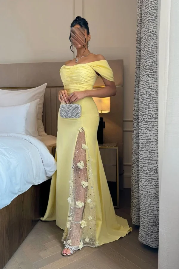 Modern & Chic Sheath Off Shoulder Long Tulle Sleeves Floor Length Prom Dresses Party Dress 3D Flowers Sequins Yellow Tulle Formal Evening Gown Wedding Guest Dress