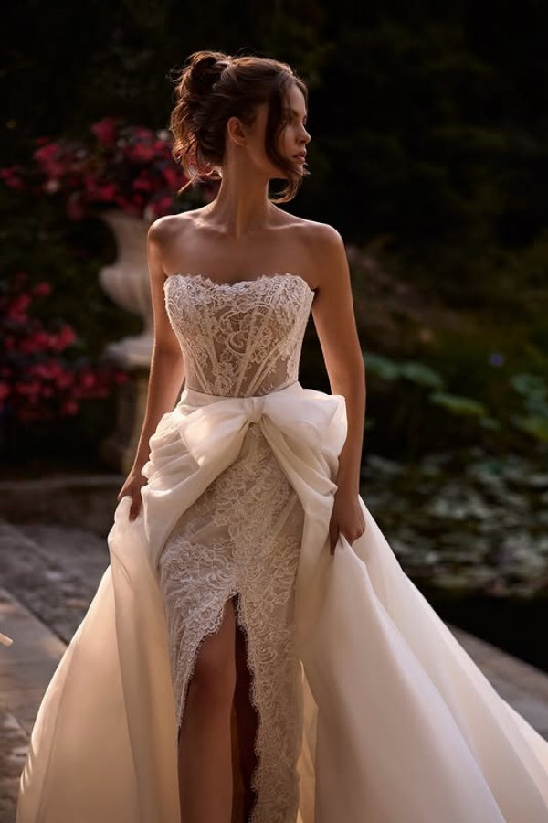 Luxury & Gorgeous Strapless Detachable Long Sleeves Fully Lace Wedding Dress High Side Slit and Train Beach Boho Bride Gown