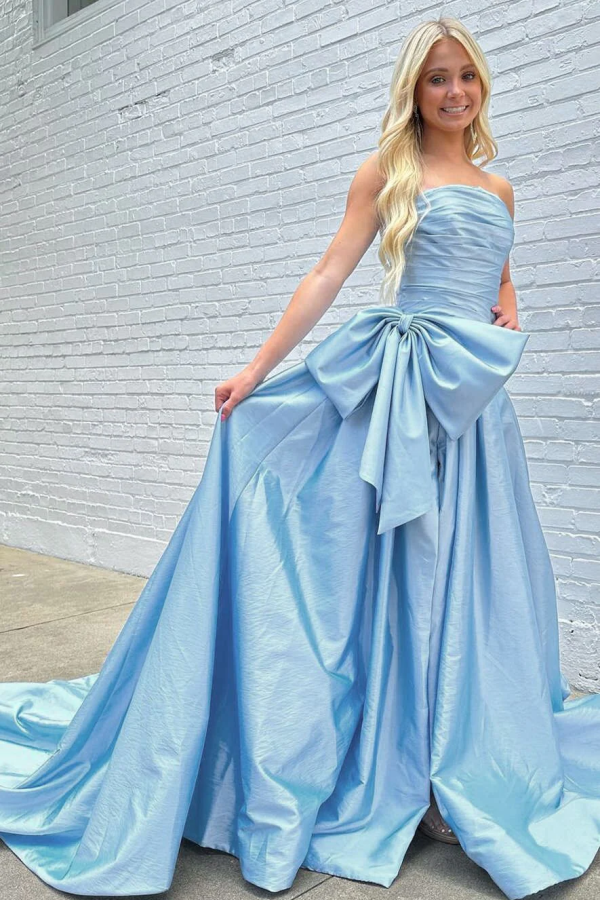 Simple & Casual A-Line Strapless Sleeveless Sky Blue Formal Prom Dresses Gown Court Train Floor Length Evening Party Dress Wedding Guest Dress