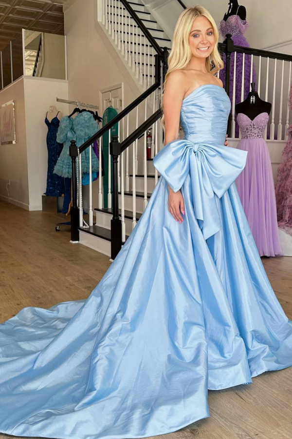 Simple & Casual A-Line Strapless Sleeveless Sky Blue Formal Prom Dresses Gown Court Train Floor Length Evening Party Dress Wedding Guest Dress
