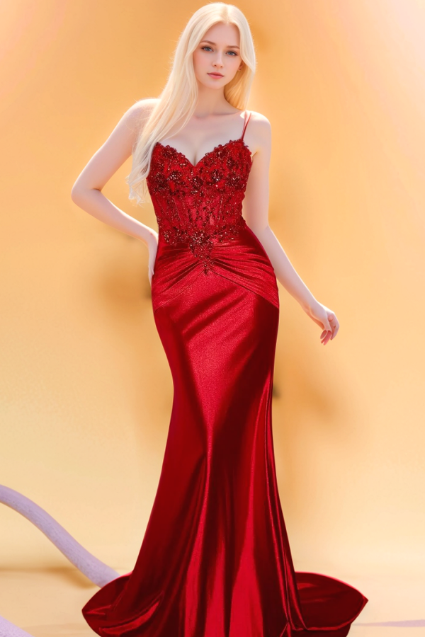 Sexy & Hot Sheath V Neck Spaghetti Straps Beaded Appliques Pleated Prom Dresses Party Gown Floor Length Back Zipper Evening Formal Gown