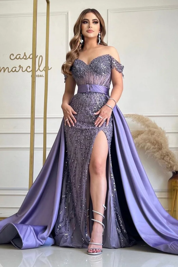 Gorgeous Sheath Off Shoulder Sleeveless Fully Sequins Formal Prom Dresses Dress Fully Sequins High Side Slit and Deatchable Train Floor Length Evening Party Dress