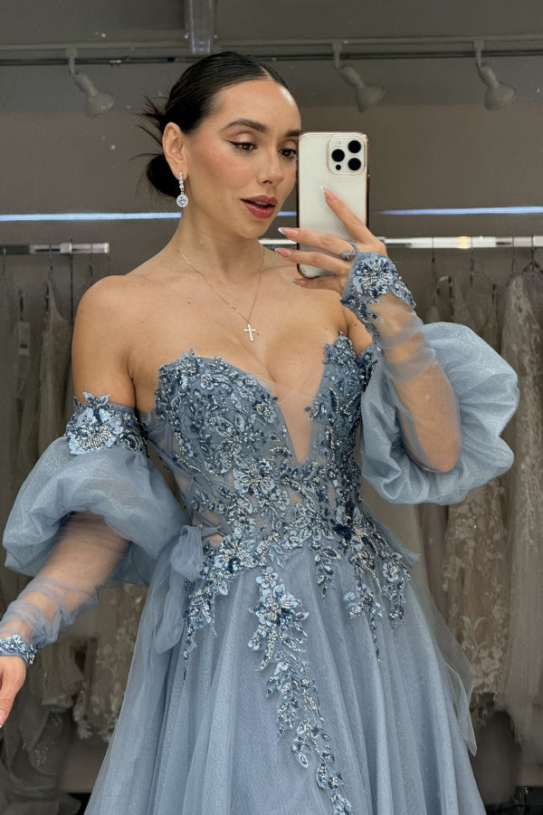 Gorgeous A-Line Strapless Detachable Long Sleeves Appliques Tulle Floor Length Formal Prom Dresses Dress High OMBist High Side Slit Evening Gown Wedding Guest Dress