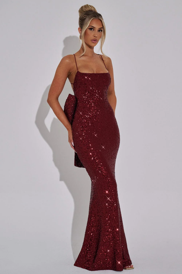 Sexy & Hot Mermaid Square Spaghetti Straps Sleeveless Open Back Floor Length Prom Dresses Dress Fully Sequins Special Occasion Dress Evenng Party Dress with Bow Knot