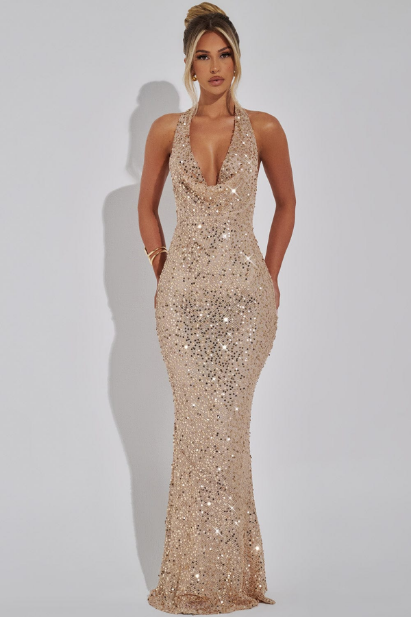 Glamours & Glitter Mermaid Low V Neck Halter Sleeveless Fully Sequins Backless Floor Length Evening Party Dress Semi-Formal Prom Dresses Dress Cocktail Dress Wedding Guest Dress