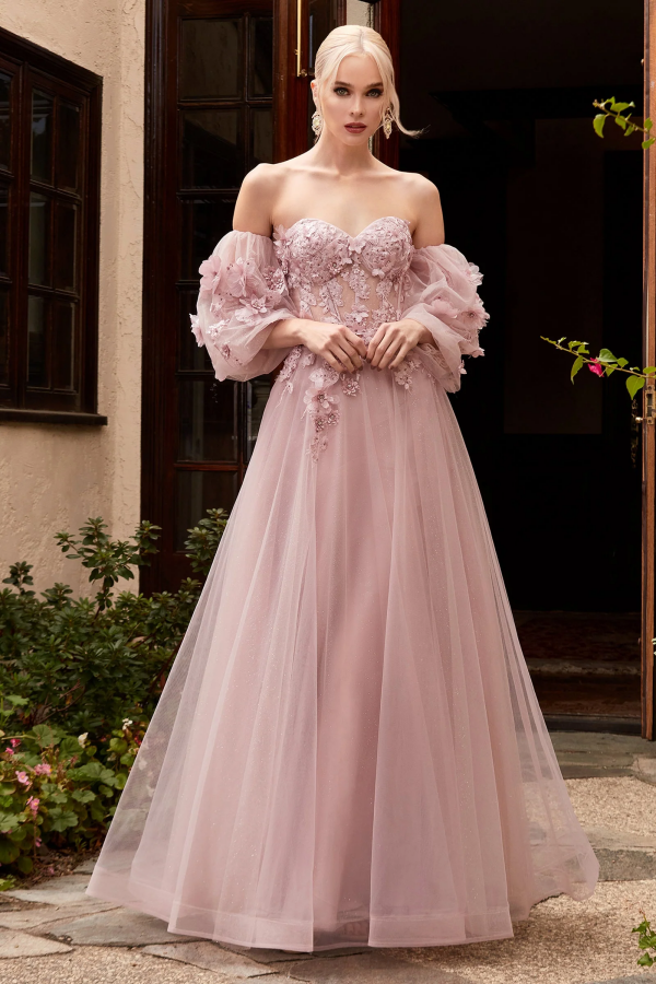 Lucxury A-Line Sweetheart Neck Detachable Long Lantern Sleeves 3D Flowers Aooliques Tulle Party Prom Dresses Gown Floor Length Back Zipper Wedding Gueat Dress Evening Gown