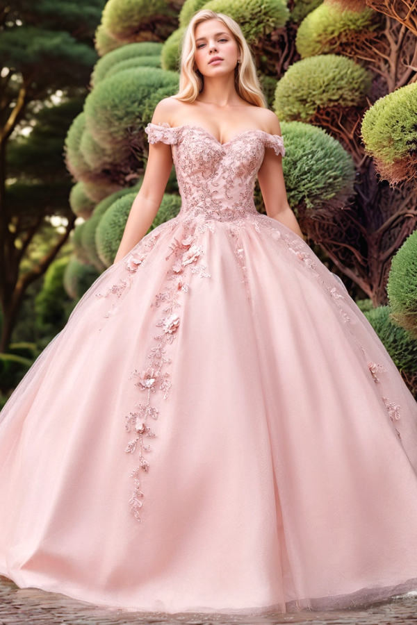 Chic & Cute Ball Gown Off Shoulder Sleeveless Beaded 3D Flower Appliques Lace Up Pink Tulle Quinceanera Dress Birthday Party Gown for Sweet 16