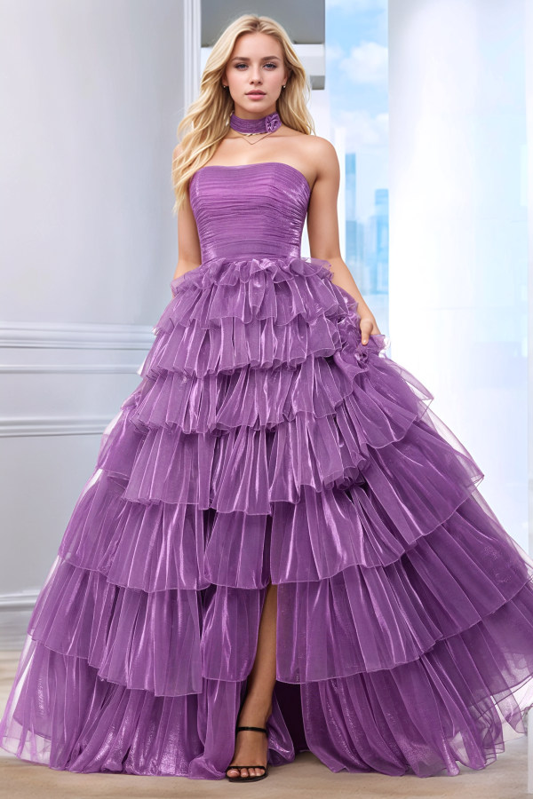 Simple & Chic A-Line Strapless Sleeveless Pleated Ruched Organza Tiered Prom Dresses Dress High Side Slit and Train Back Zipper Evening Party Gown
