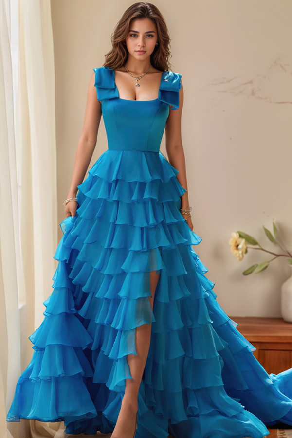 Elegant & Classic A-Line Square Neck Straps Sleeveless Chiffon Tiered Prom Dresses Dress High Side Slit and Train Open Back Evening Gown