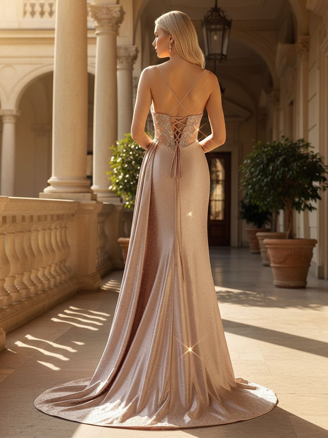 Luxury Lace Embroidery Crystal Mermaid Prom Dress With Waist Drop - Champagne