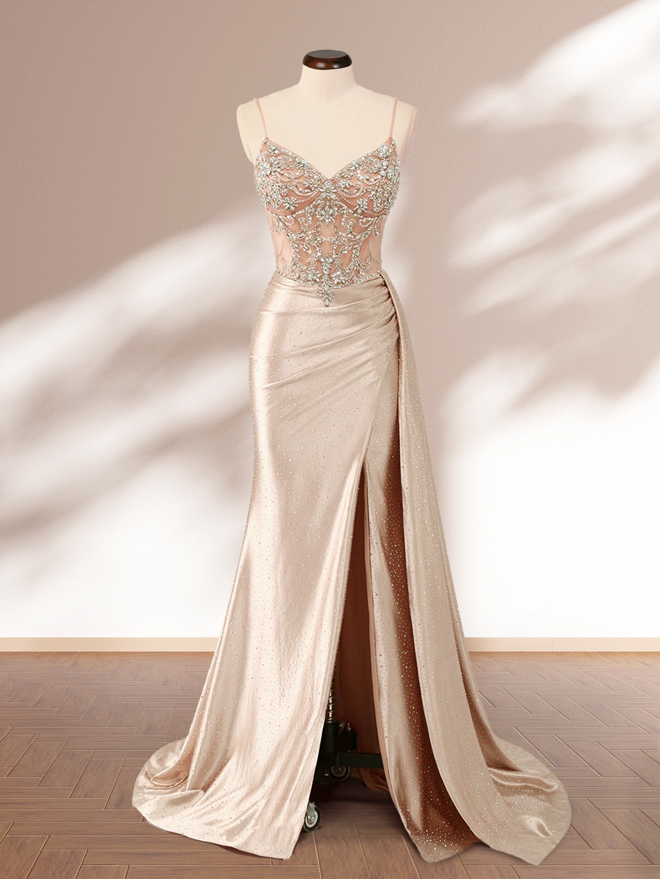 Luxury Lace Embroidery Crystal Mermaid Prom Dress With Waist Drop - Champagne
