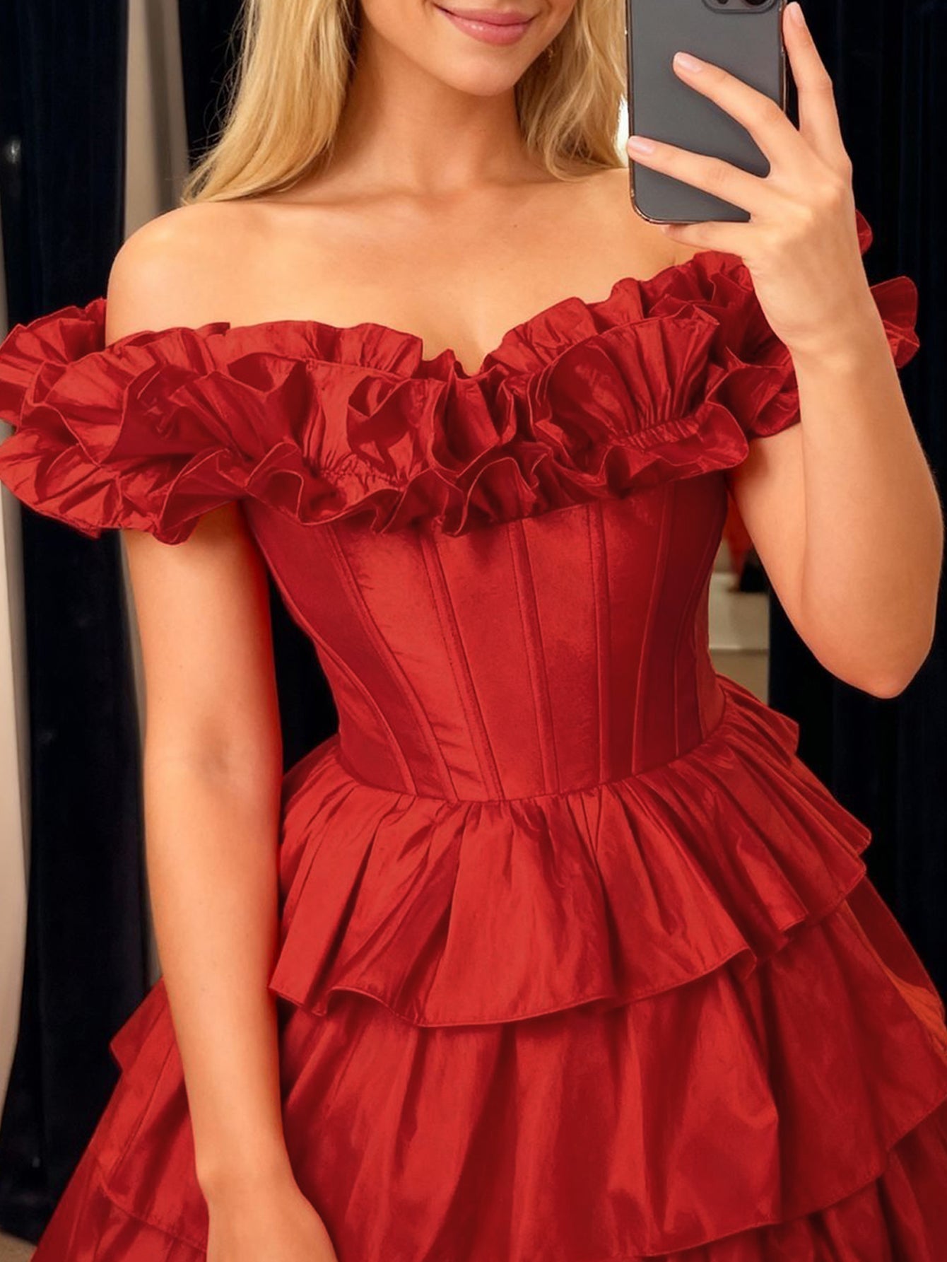 Off Shoulder Bodice Tiered Layered Ball Gown Prom Dress With Slit - Red