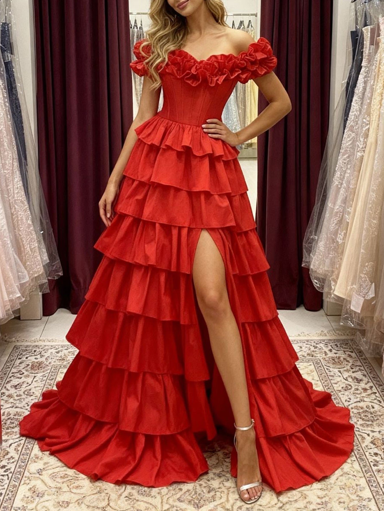 Off Shoulder Bodice Tiered Layered Ball Gown Prom Dress With Slit - Red