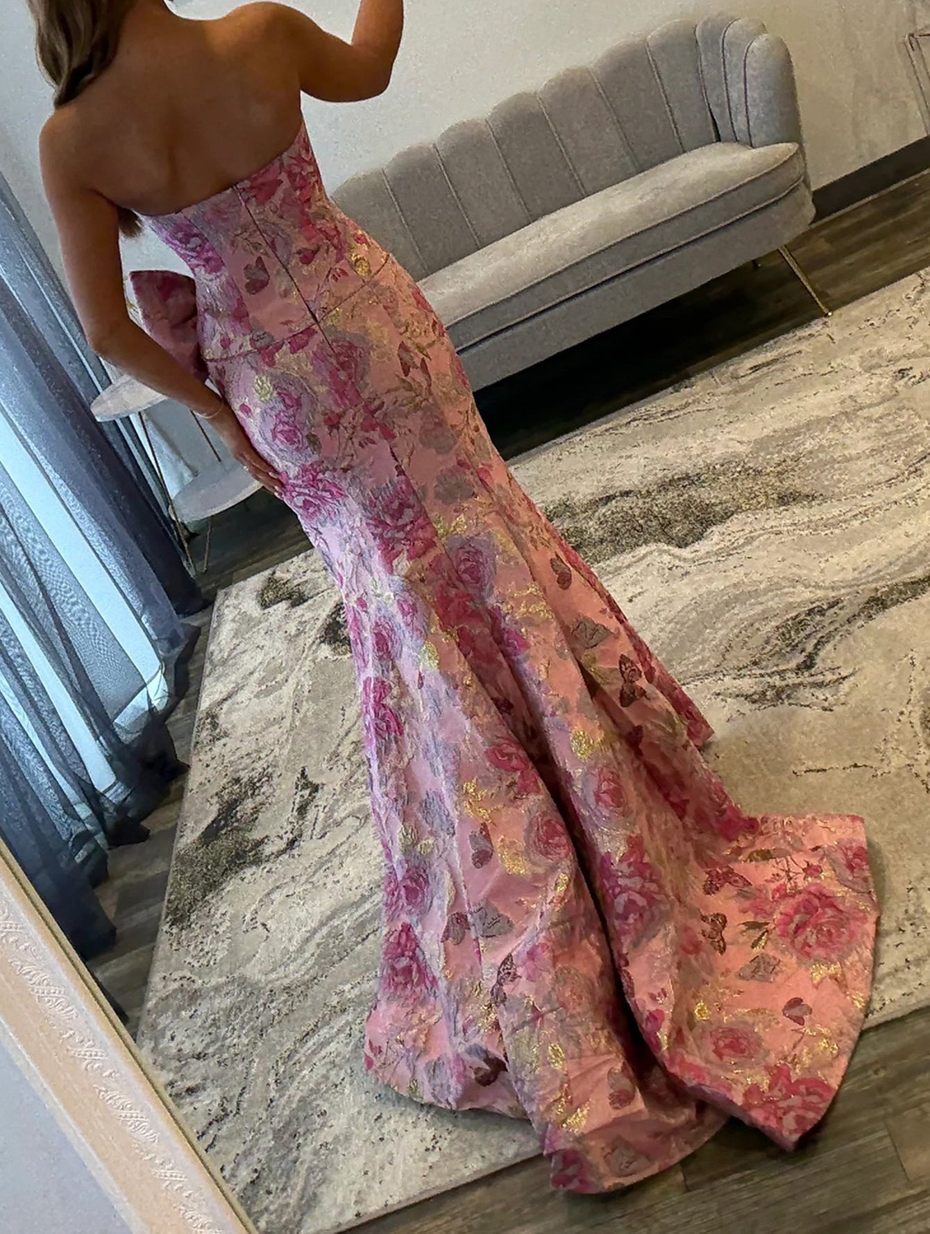 Big Bow Flower Embroidery Mermaid Prom Dress With Split - Pink Floral