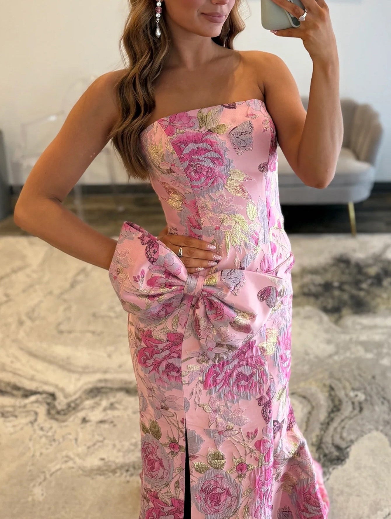 Big Bow Flower Embroidery Mermaid Prom Dress With Split - Pink Floral